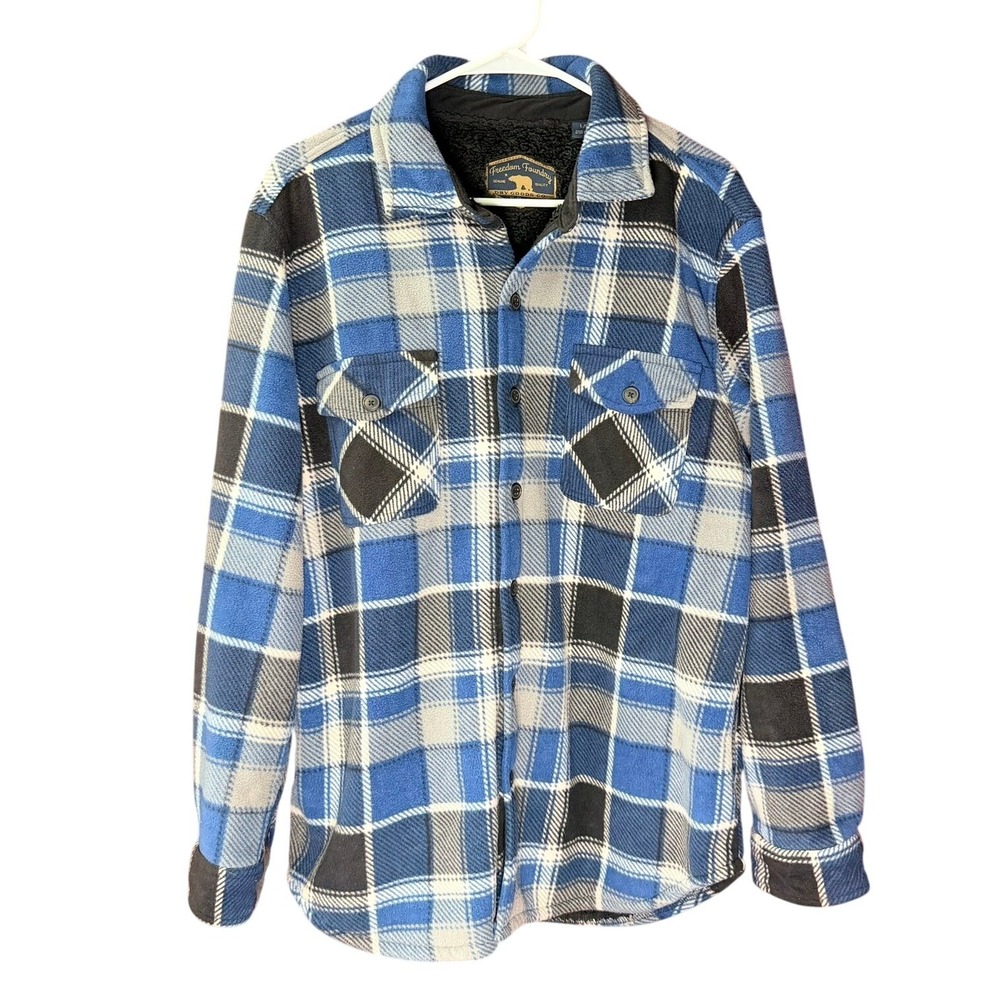 Freedom Foundry Fleece Shirt Jacket Mens Large Blue Plaid Sherpa Lined Shacket